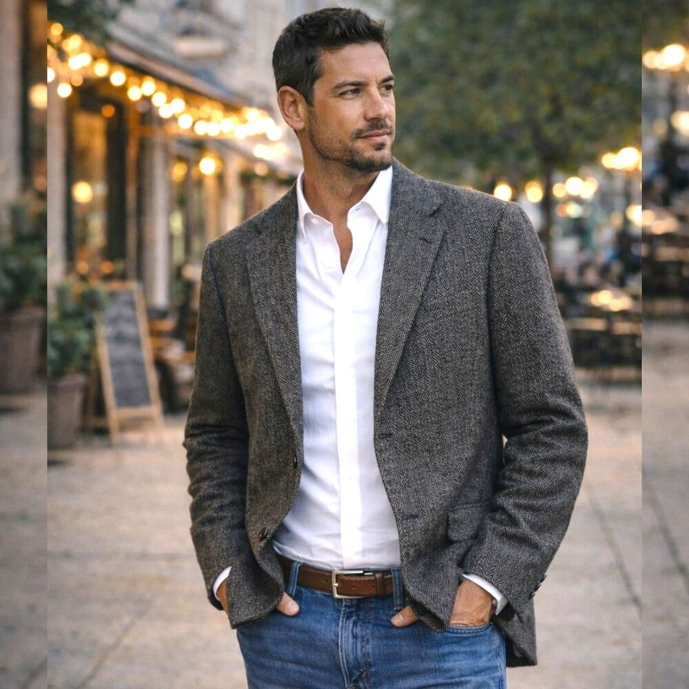 Classic Wool Heritage Y2K Wall Street 44L Gray Herringbone Prep SportCoat Blazer